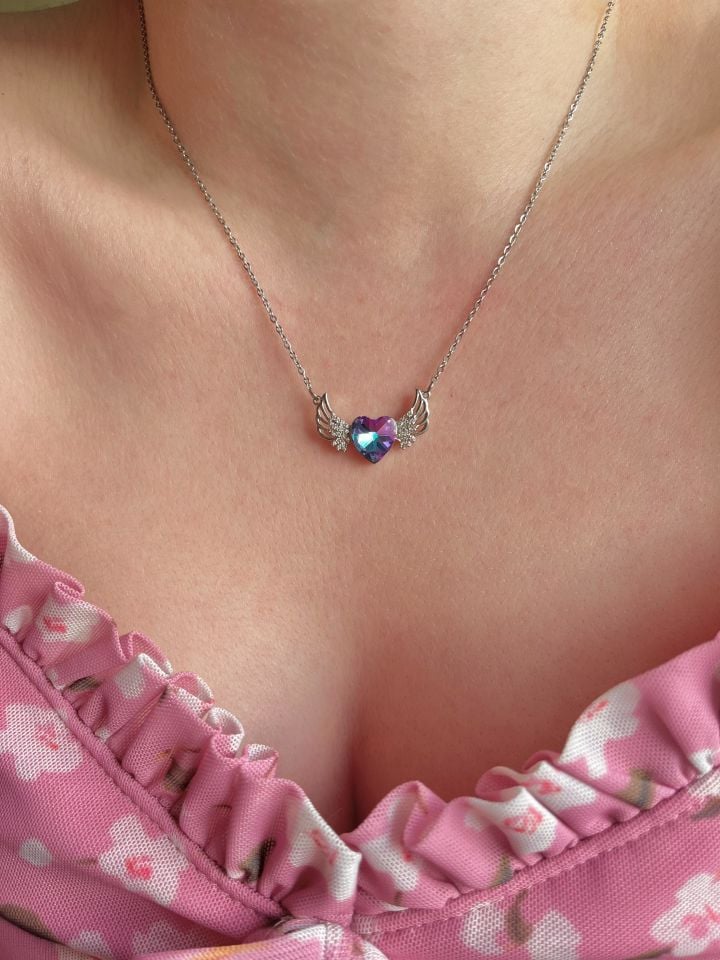 316L Çelik Renkli Taşlı Melek Kalp Kolye