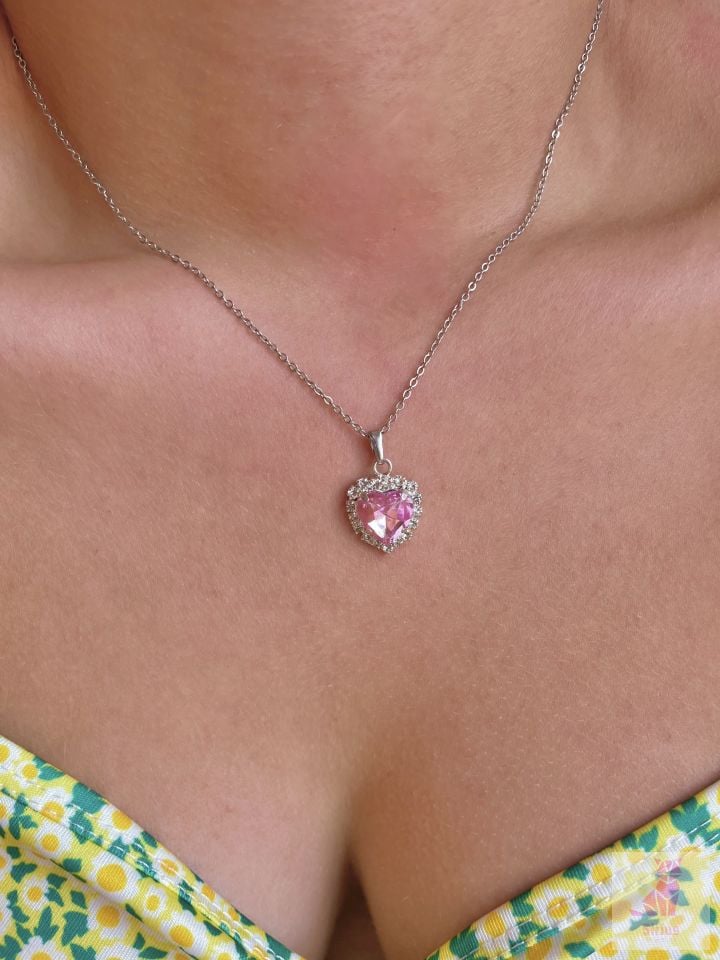 Rodyum Kaplama Pembe Kalp Kolye