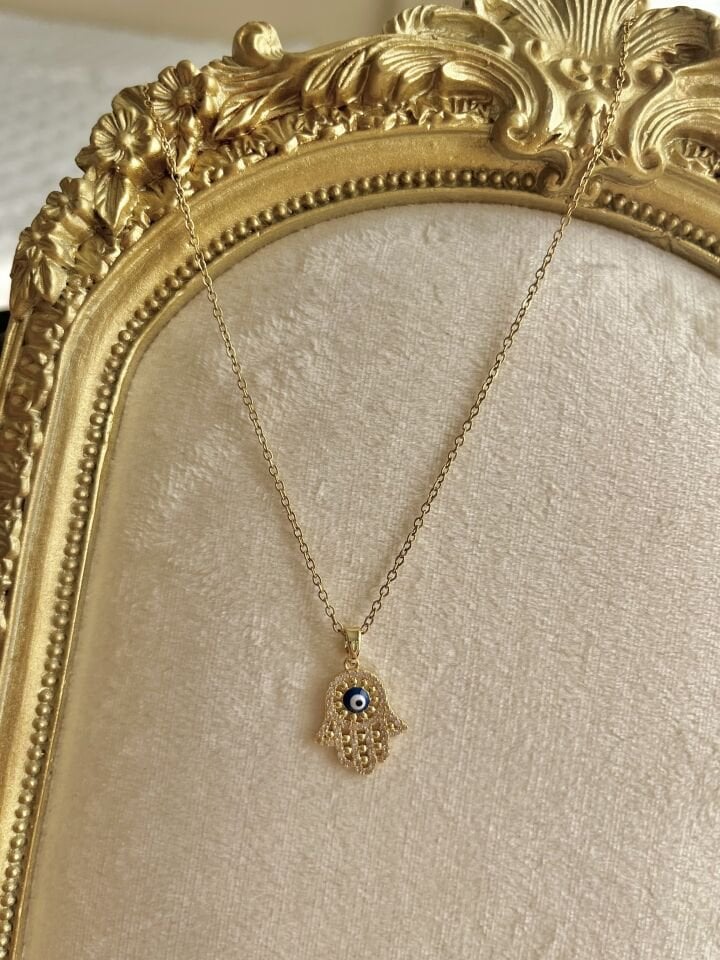 316L Çelik Taşlı Hamsa Kolye