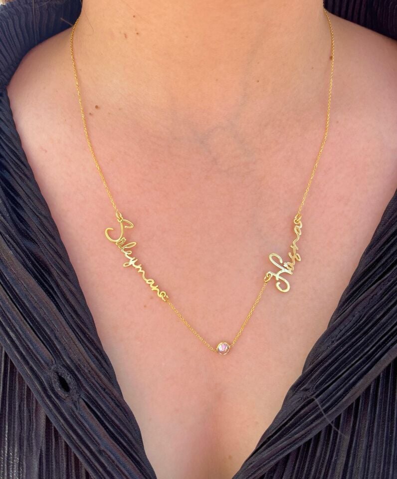 925 Gümüş | İki isimli Taşlı Kolye