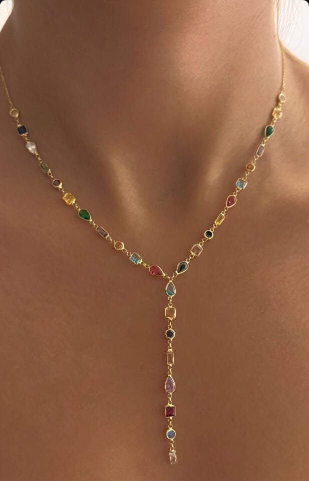 925 Gümüş | Multicolor Taşlı Y Kolye