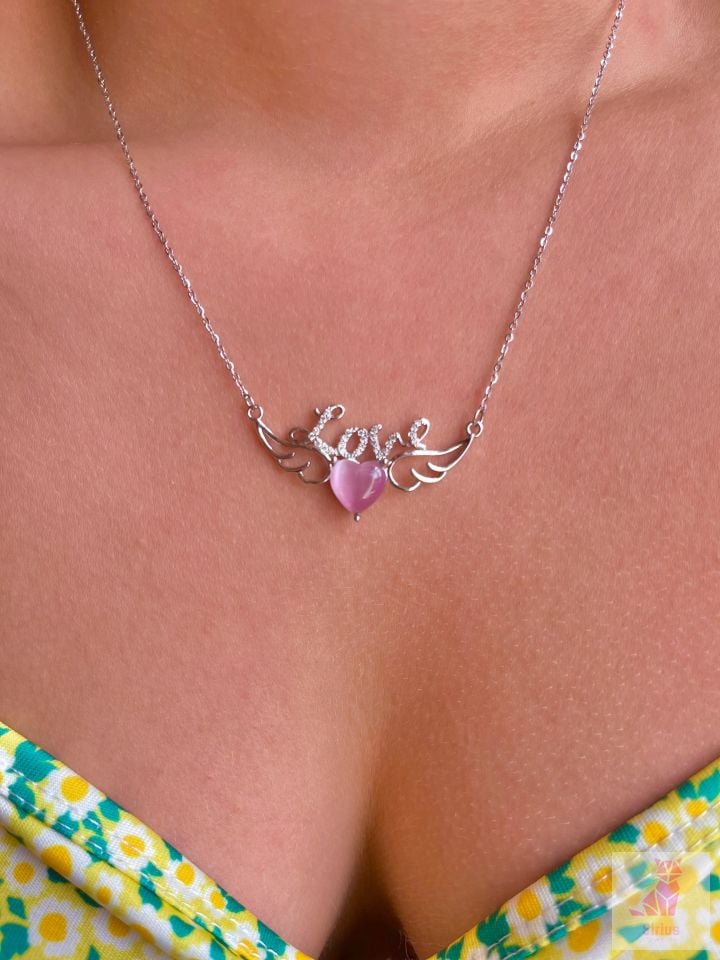 316L Çelik Love Yazılı Pembe Kalp Kolye