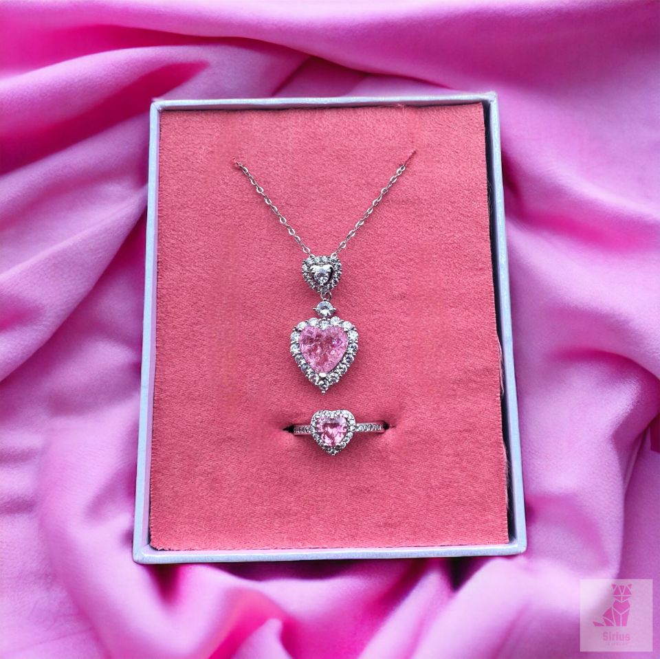 Gümüş Pembe Kolye Yüzük Set