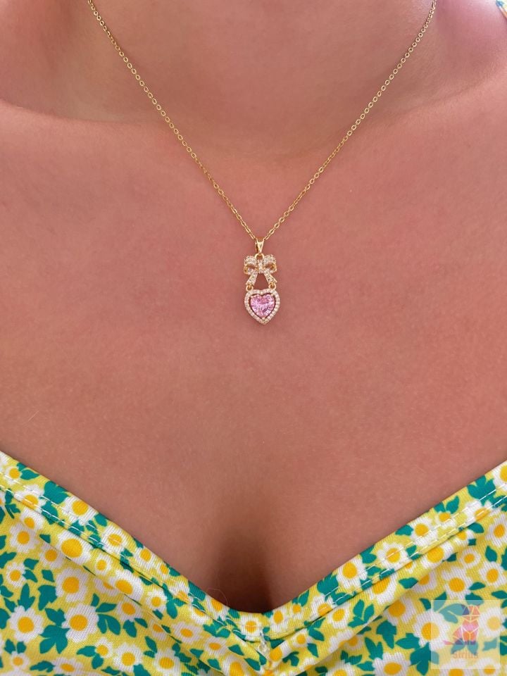 316L Çelik Gold Ribbon Heart Kolye