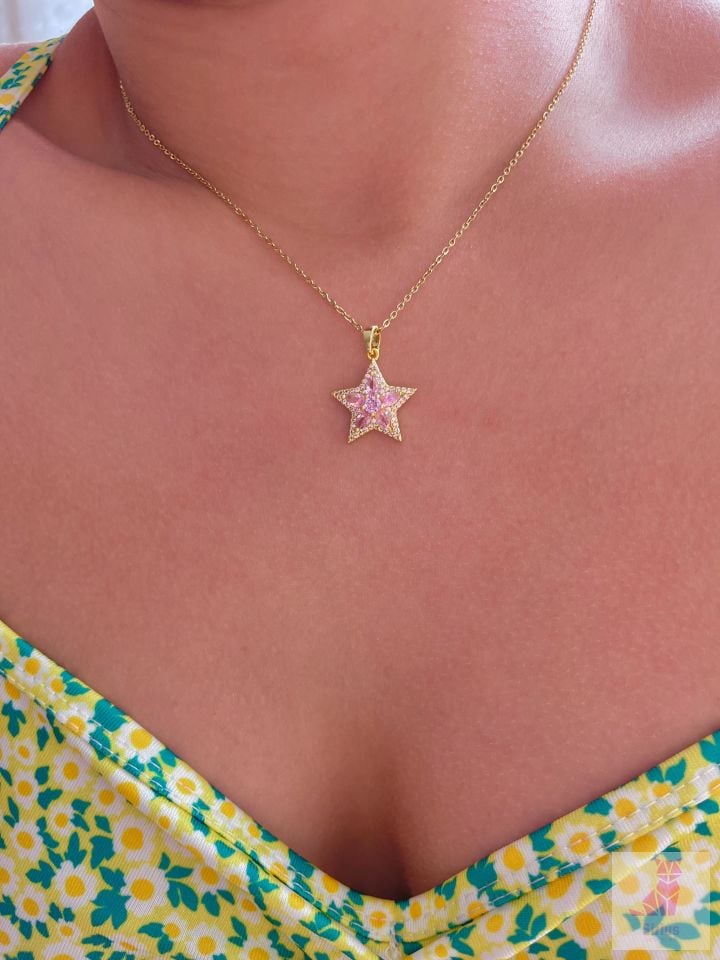316L Çelik Pink Star Kolye