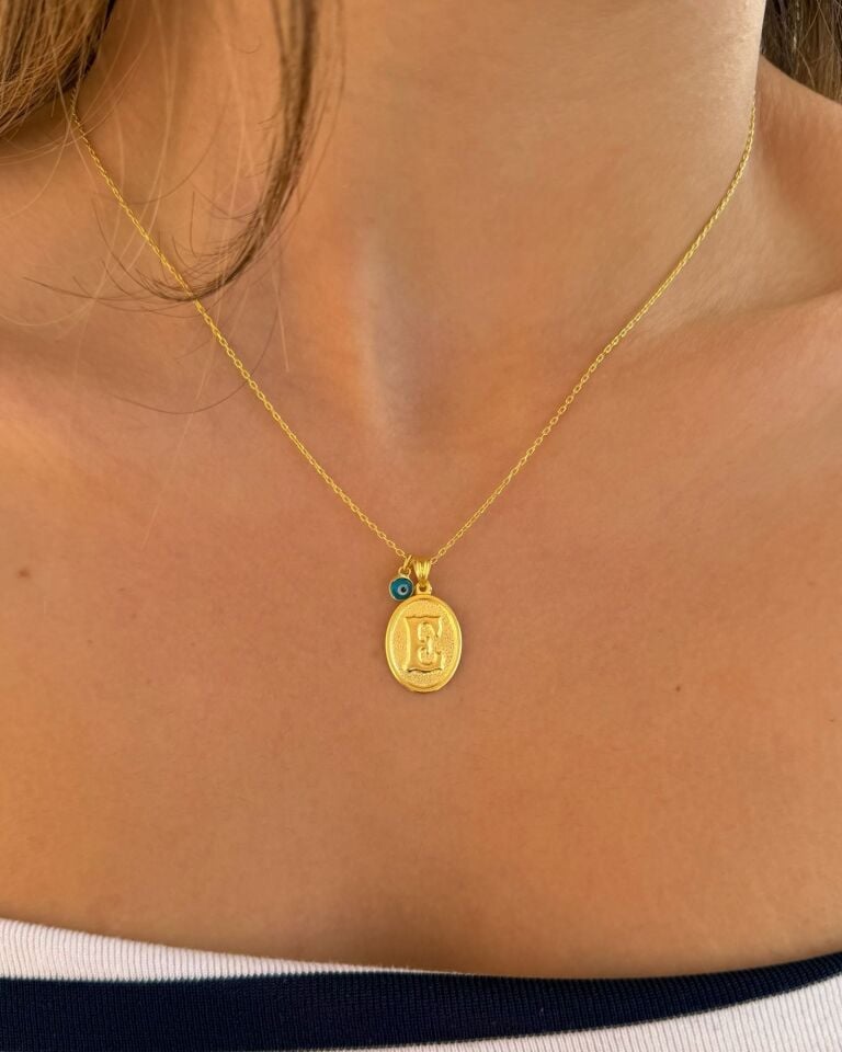 Vintage Plaka Nazar Boncuklu Harf Kolye | 925 Ayar Gümüş