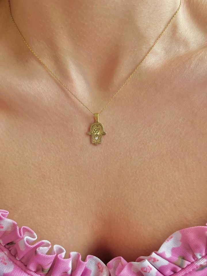 925 Ayar Gümüş Kişiselleştirilebilir Harfli Hamsa Kolye