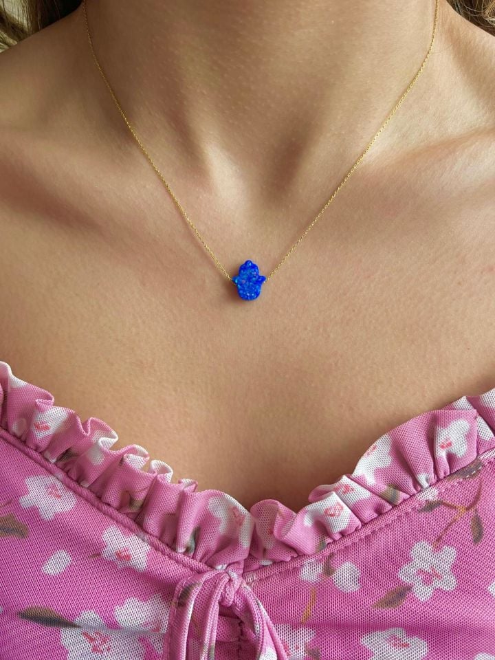 Opal Taşlı Hamsa Kolye | 925 Ayar Gümüş