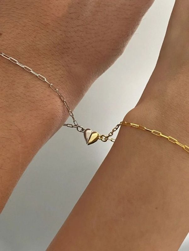 925 Ayar Gümüş Mıknatıslı Kalp Çift Bilekliği