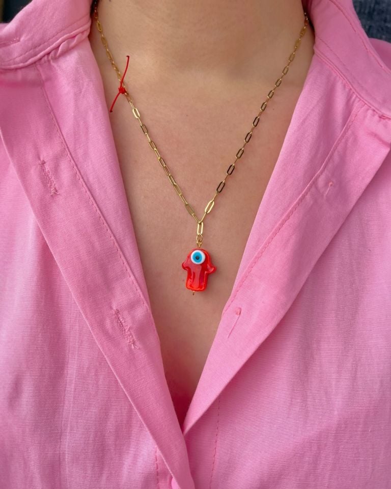 316L Çelik Zincirli Murano Hamsa Kolye